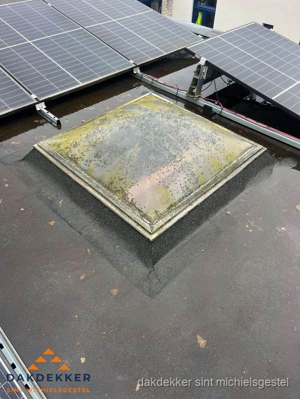 Vervuilde lichtkoepel op plat dak met zonnepanelen in Sint Michielsgestel