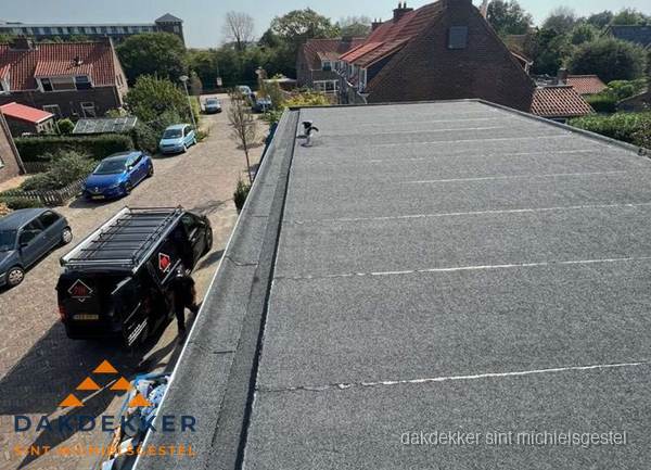 Nieuw bitumen plat dak met uitzicht over woonwijk in Sint Michielsgestel